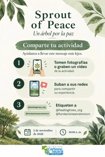 Afiche Sprout of Peace: Un árbol por la paz, 5 de noviembre de 2026, 10:00 a. m.; invita a fotografiar y compartir la actividad.